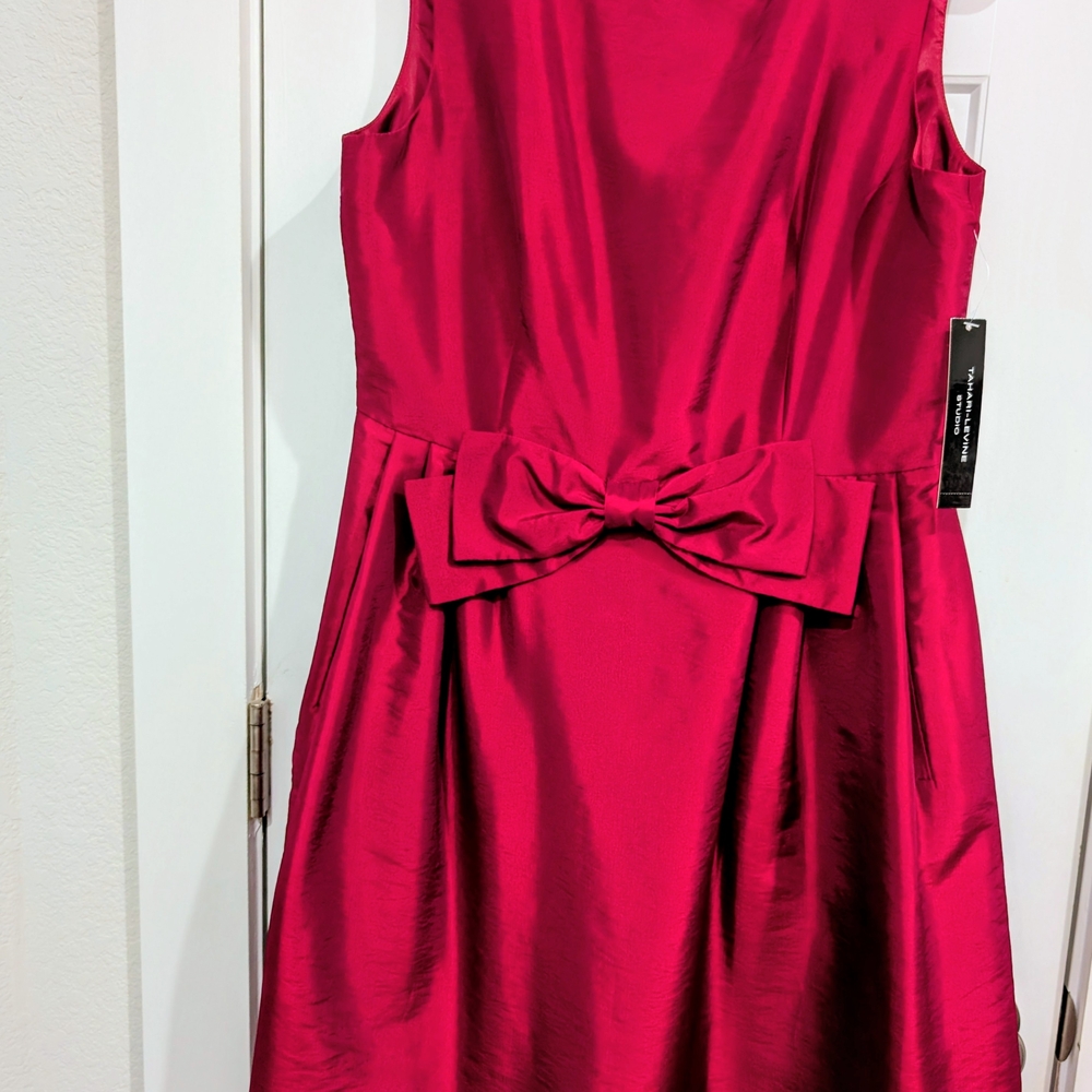 Tahari Magenta Satin Dress with Elegant Bow